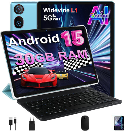Tablette 10 Pouces Android 15 avec 30 Go RAM + 2 To ROM Expansion, Widevine L1, 5G Wi-FI, Gemeni AI, 8 cœurs, GPS, 2 en 1 FHD Ta