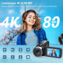 Caméscope 4K 80MP Caméra Vidéo pour YouTube,30FPS Webcam à Vision Nocturne IR Caméra, Zoom Numérique 18X de à Écran IPS 3.0 270°