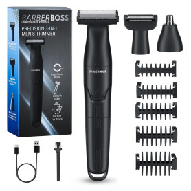BarberBoss Tondeuse de précision 3-en-1 pour homme, kit de soins pour barbe et cheveux, tondeuse corps, tondeuse nez et oreilles