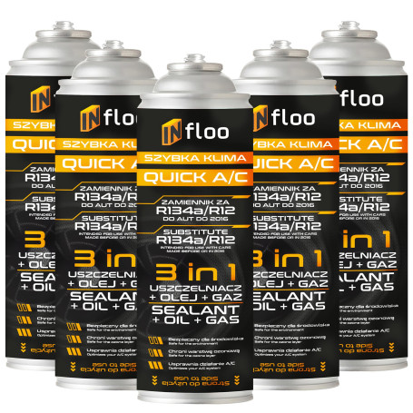 INfloo 5x Quick A/C 3-en-1 – Gaz R134a + Huile + Scellant | 5x185g (1,73L) | Climatiseur voiture jusqu’à 2016 | Remplaçant R134a