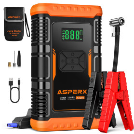 AsperX Booster Batterie Voiture avec Gonfleur,150PSI Booster Compresseur,Portatif Puissant Démarreur Batterie Voiture Jump Start