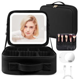 OSDUE Trousse de Maquillage avec Miroir Lumière,Trousse de Maquillage de Voyage 3 Couleurs LED Trousse avec Séparateurs Réglable