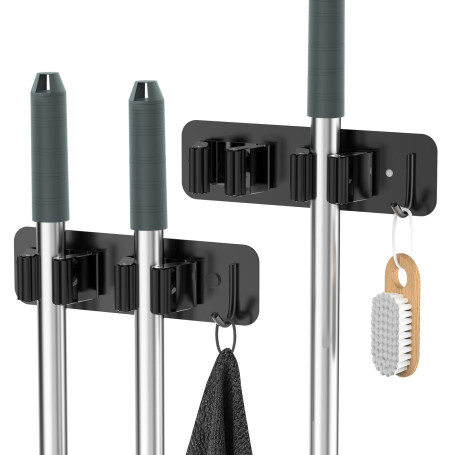 homeasy Porte Balai Acier Inoxydable, Accroche Balai Mural sans Perçage, Support Balai 2 Emplacements avec 1 Crochet pour Cuisin
