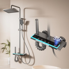 Umisu Colonne de Douche avec Écran LED Numérique et Horloge, Éclairage d’Ambiance, Robinetterie Réglable en Hauteur avec Boutons