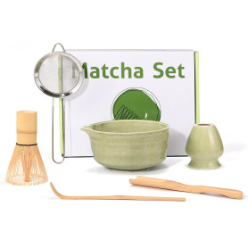 Ouxayapl Matcha kit Débutant - Coffret Vert 6 Pièces : Bol à Matcha, Fouet (Chasen), Support, Cuillère, Filtre, Chashaku- Pour P
