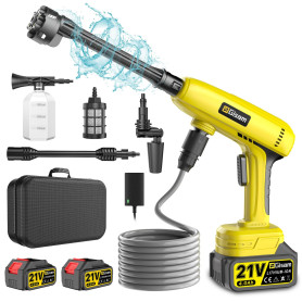 Nettoyeur Haute Pression à Batterie, Max 60 Bar avec 2 x 4000mah Batteries, Pulvérisateur de Mousse, 6-en-1 Multi-Usage Buse et 