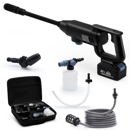 Kalopsia Nettoyeur Haute Pression sans Fil: 75Bar 21V 4Ah Batterie Pistolet à Eau Portable avec Tuyau 5m Buses Réglables 3 Nivea