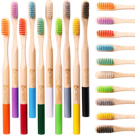 Lot de 20 brosses à dents en bambou à poils durs pour adultes - Ensemble familial - Brosse à dents bio naturelle (multicolore 20