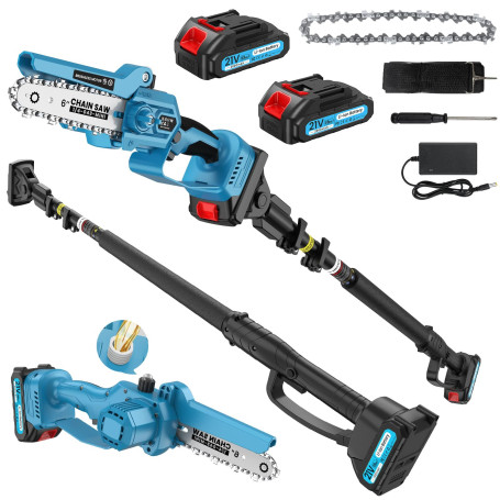 2-en-1 Tronçonneuse avec Perche Télescopique (1,6 m-2,8 m) & Mini Tronçonneuse 6 pouces, 1000W Moteur, 2 Batteries de 2000 mAh, 
