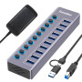 Tccmebius Hub USB Alimenté à 10 Ports Aluminium USB 3.0 Data Hub avec Interrupteur Séparé LED, Adaptateur d'alimentation 12V/3A,