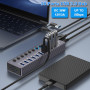 Tccmebius Hub USB Alimenté à 10 Ports Aluminium USB 3.0 Data Hub avec Interrupteur Séparé LED, Adaptateur d'alimentation 12V/3A,