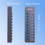 Tccmebius Hub USB Alimenté à 10 Ports Aluminium USB 3.0 Data Hub avec Interrupteur Séparé LED, Adaptateur d'alimentation 12V/3A,