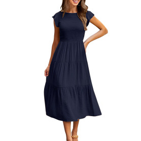 CMTOP Robe Ete Femme Robe Longue Chic et Elegant Manches à Volants Col Rond Robes au Genou Taille Élastique Décontractée Robe de