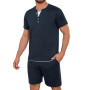 Jahetuul Pyjama Homme Court en Coton Été Ensemble de Pyjama à Col en V avec Boutons Décoratifs T-Shirt Uni et Short Uni avec Poc