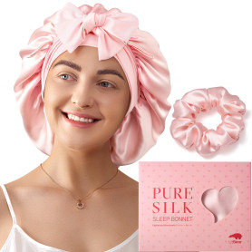 LitBear Bonnet de Nuit en Soie Mûrier pour Femmes, 6A 22 Momme, Grand Cache-Cheveux à Double Couche avec Bande à Nouer, Turban A