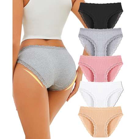 ALL OF SHE Culotte Femme Coton Dentelle, Douce Confortable Respirante, Slip Bikini Taille Basse, sous-Vêtements,Lot de 5, Tissu 