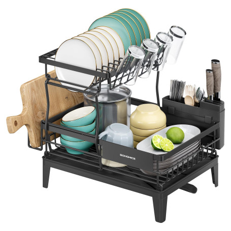SONGMICS Égouttoir à Vaisselle, 2 Niveaux, Organisateur de Plan de Travail, Bec Rotatif à 360° et Extensible, Bac d’Égouttement,