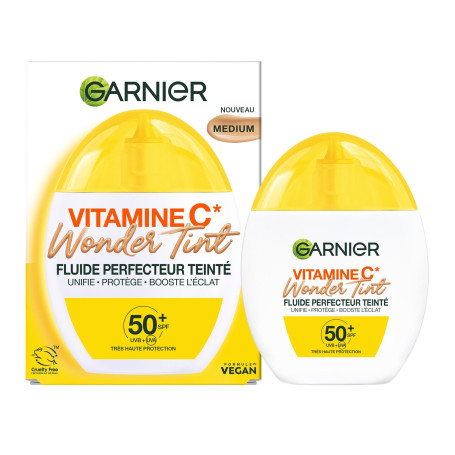 GARNIER - SkinActive Vitamine C - Fluide Perfecteur Teinté Wonder Tint SPF50+ - Soin Teinté Visage Protecteur - Unifie, Hydrate 