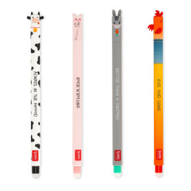 Legami - Set of 4 Farm Sweet Farm Erasable Gel Pens, Stylos à encre thermosensible effaçable, noir, rose, vert, rouge, efface sa