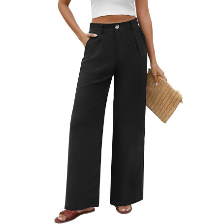 PASUDA Pantalon Femme Été Fluide Pantalons Taille Haute Elastique Léger Ample avec Bouton Pantacourt avec Poches Longueur Droit 