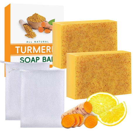 2 Pièces Savon Curcuma Visage, Kojic Acid Soap Turmeric Soap, Savon Curcuma Visage et Corps, Hydrater et Eclaircir le Teint, Rét