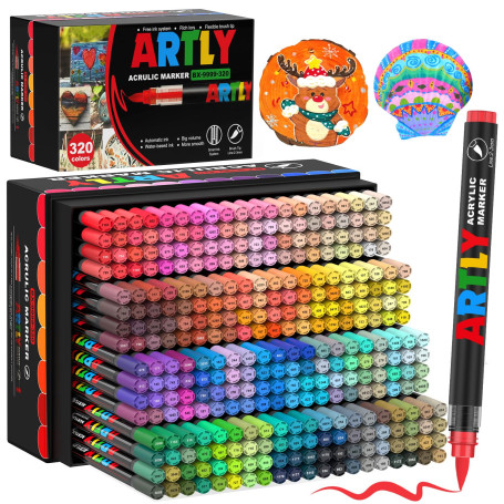 Efimeso 320 Couleurs de Feutre Acrylique Set de Marqueurs, Feutres Coloriage Adulte,Acrylic Marker à base d'eau pour Roche, Tiss