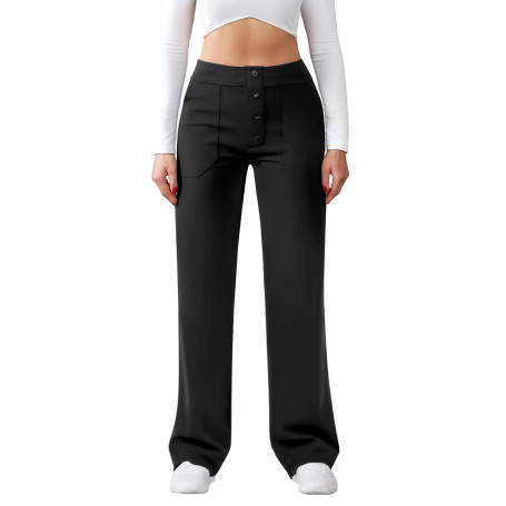 Friptspyg Pantalon Femme Taille Haute Large Bouton Jambe Droite Casual Travail Stretch de Yoga avec Poches