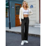 Friptspyg Pantalon Femme Taille Haute Large Bouton Jambe Droite Casual Travail Stretch de Yoga avec Poches