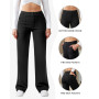 Friptspyg Pantalon Femme Taille Haute Large Bouton Jambe Droite Casual Travail Stretch de Yoga avec Poches