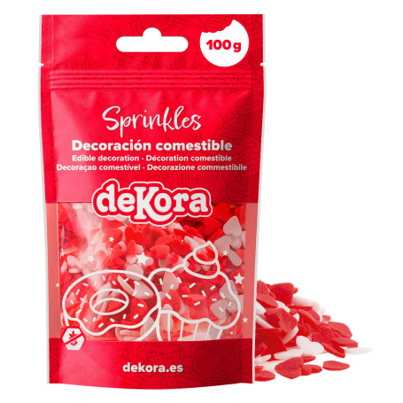 dekora – Confettis Cœur Rouges et Blancs en Sucre, 100 g – Décoration Saint-Valentin Chic pour Gâteau, Cupcake et Dessert