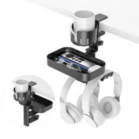 KDD Porte Gobelet Bureau avec 2 Support Casque, 3 en 1 Porte Gobelet Gaming avec Porte Casque et Rotatif Tiroir sous Bureau, Rob