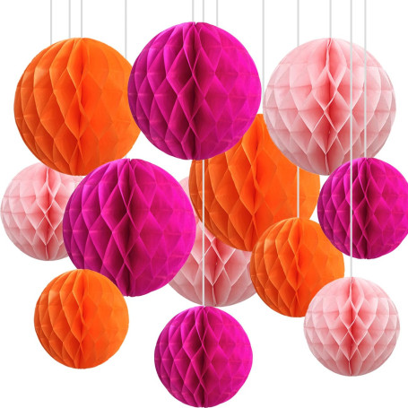 CC wonderland zone Lot de 12 Boules en Papier nid d'abeille Orange et Rose,Honeycomb Balls,Papier Pompom pour Décoration de Fête
