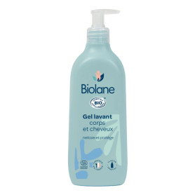 BIOLANE - Gel douche corps et cheveux 2 en 1 Certifié BIO - Gel lavant - 500ml - 97% Origine Naturelle - Doux - Peaux Sensibles 