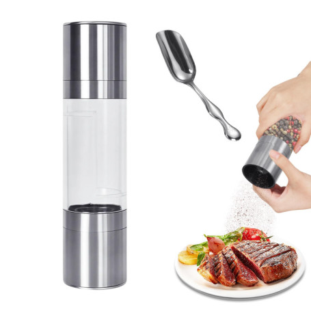 Moulin à Sel et Poivre Double Extrémité en Acier Inoxydable avec Cuillère
