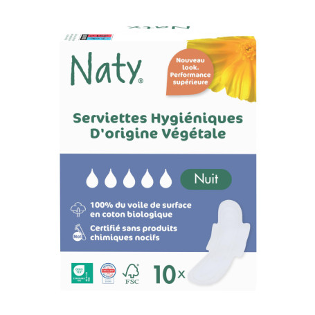 Serviettes Hygiéniques Naty Night avec Ailettes en Coton Bio - 10 Pièces