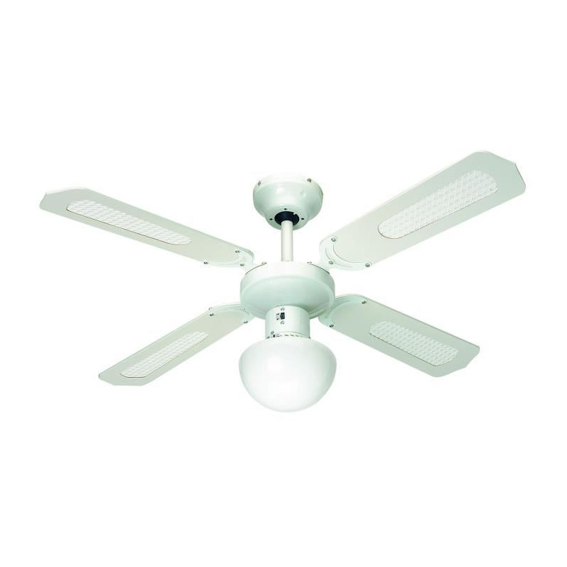 Ventilateur de plafond réversible Farelek BALI - Ø 107 cm, 4 pales blanches / cannées blanches + éclairage - 112420