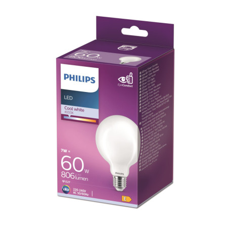 Ampoule LED Globe E27 60W Blanc Froid Philips - Verre Dépolie