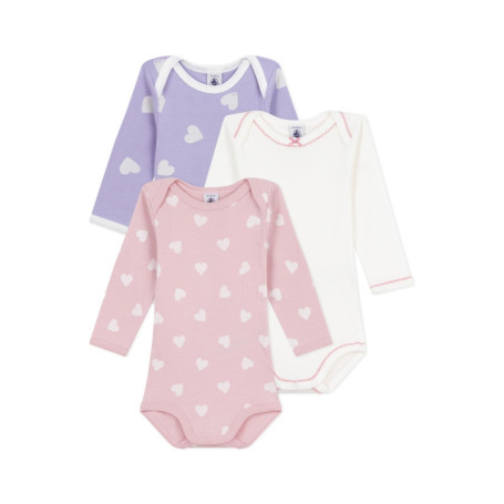 Lot de 3 bodies manches longues en coton imprimé cœurs pour bébé