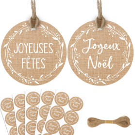50 Étiquettes Cadeaux Ronde Joyeux Noël avec Ficelle - Décoration Festive