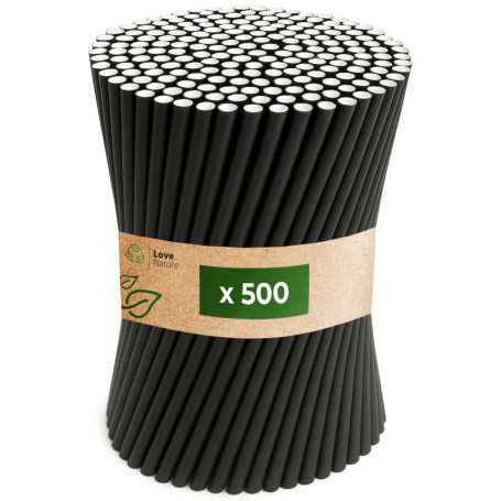 Pailles en Papier Noir Love Nature - 500 Pièces Écologiques pour Fêtes