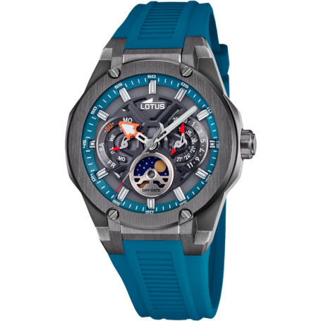 Montre Lotus Vortex Homme avec Phase Lunaire et Bracelet en Caoutchouc Bleu