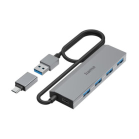 Hama Hub USB 4 Ports avec Adaptateur USB-C et Bloc Secteur - 5 Gbit/s, Gris