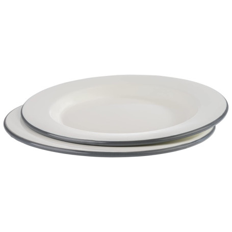 Lot de 2 Assiettes Plates en Émail Ø 26 cm - Blanc Crème avec Bord Gris