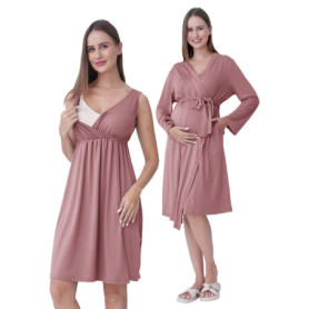 Ensemble de Nuit de Grossesse et Allaitement SUNNYBUY - Chemise et Peignoir Vieux Rose