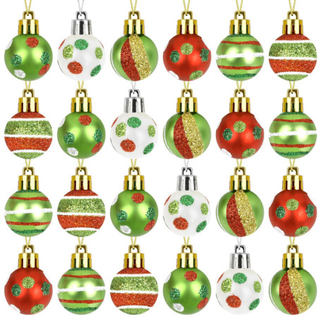 Lot de 24 Boules de Noël Peintes pour Décoration de Sapin - Vert, Or, Blanc et Rouge