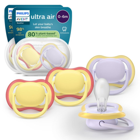 Philips Avent Sucettes Ultra Air Orthodontiques pour Bébés 0-6 Mois - Lot de 4 avec Étuis