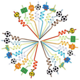 Pailles Bouclées Colorées en Plastique pour Enfants - 24 Pièces avec Design Football
