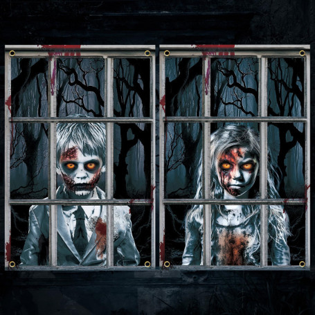 Ensemble de Rideaux Effrayants Halloween - 2 Pièces pour Décoration Intérieure et Extérieure