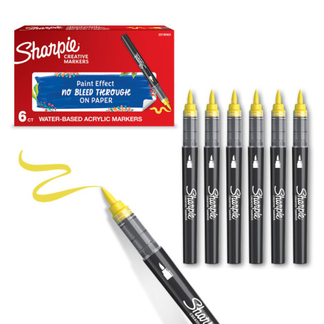 Sharpie Marqueurs Créatifs Jaunes - Lot de 6 Feutres Acryliques à Pointe Pinceau