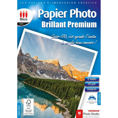 Papier Photo Brillant A3 255 g/m² - 15 Feuilles - Micro Application